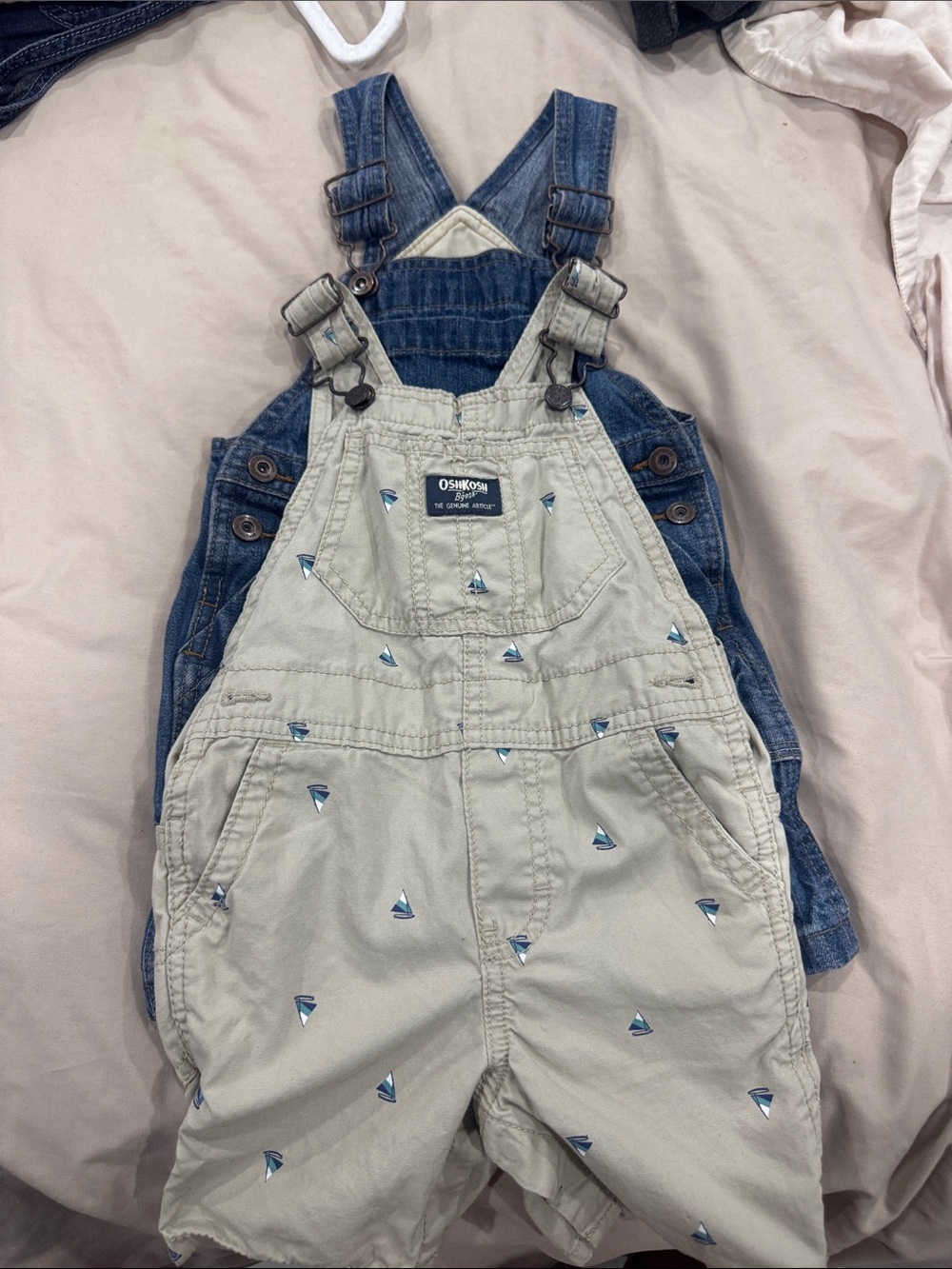 OshKosh B'gosh Cream Overalls with Blue Sailboat Embroidery